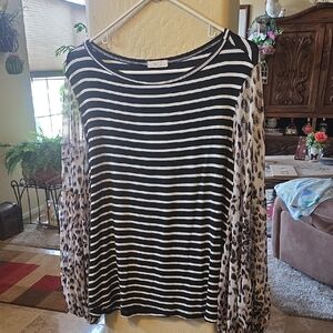 ODDY  Black and White Striped Top with Leopard Sleeves